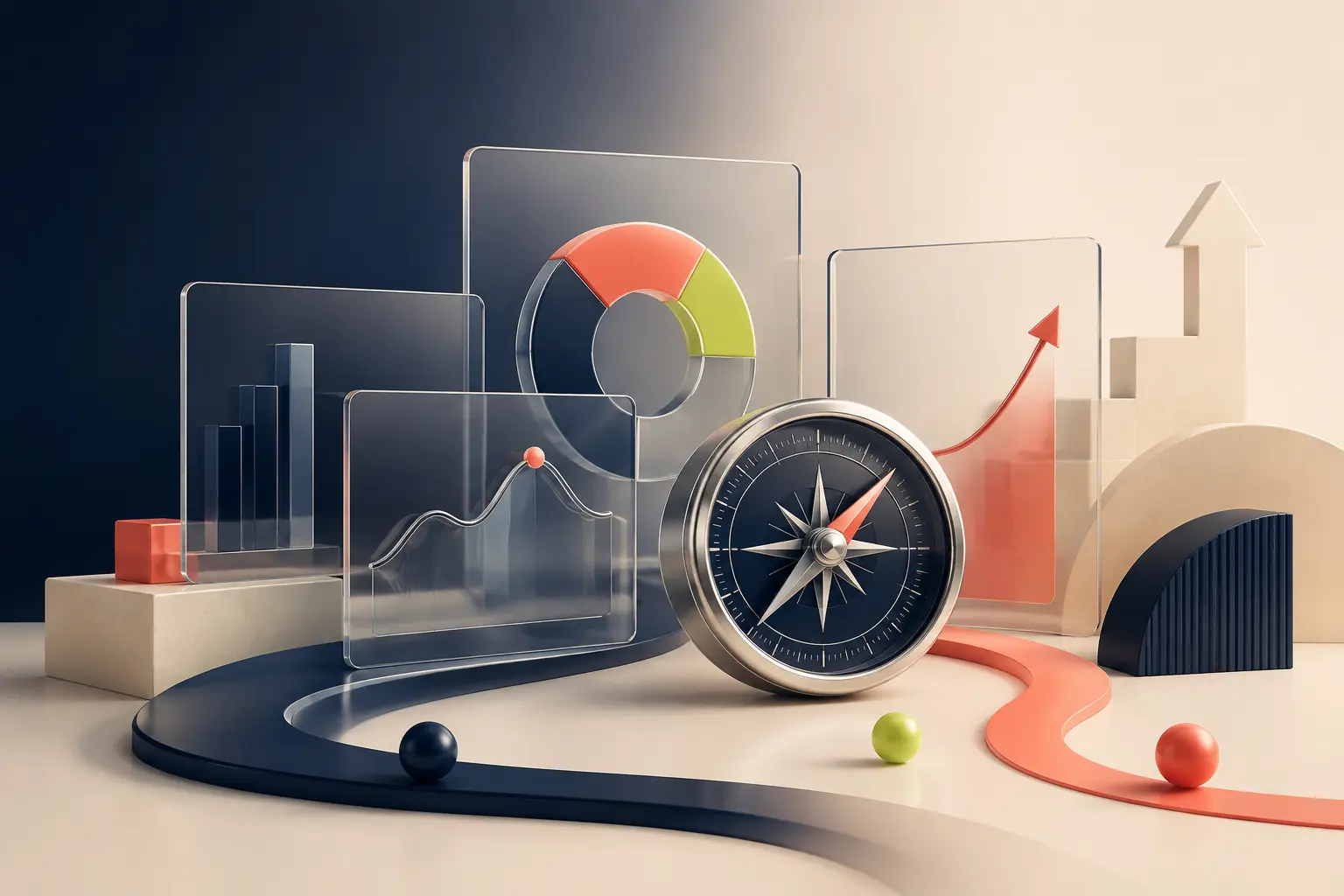 Three-dimensional strategy concept with a compass, data panels, and growth paths